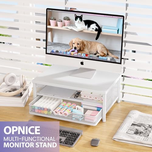 OPNICE Computer Monitor Stand Riser, Desk Organizer with Drawer, Laptop Stand, Office Desk Accessories & Workspace Desktop Organizers Storage for Office Supplies(White) - color: White