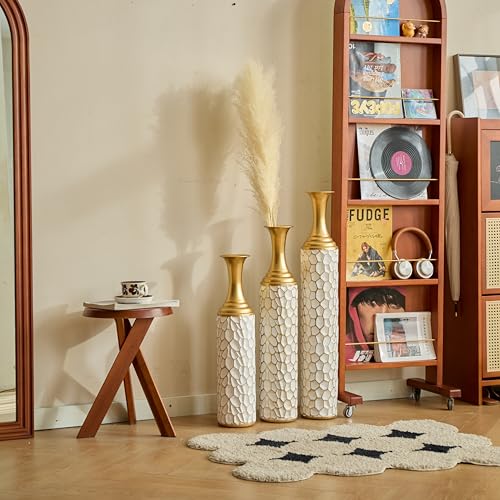 Floor Vases, Tall Home Decor Metal Vase Set of 3 Large Glazed Decorative Vases for Wedding Decor, Elegant Modern Flower Holder for Living Room, Entryway, Hallway, Dining Room - color: Oval White Gold