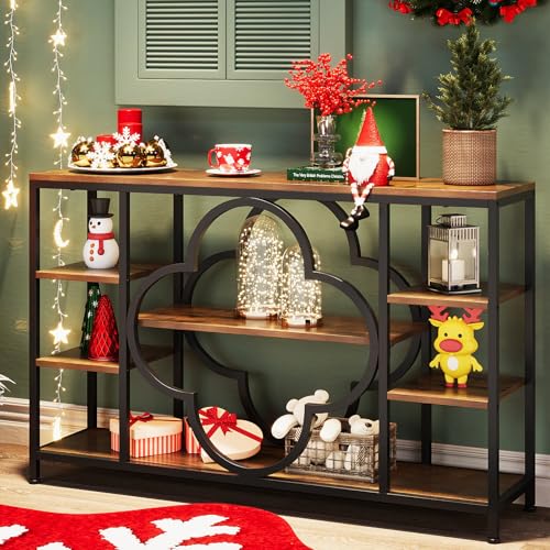 GiftGo 47" Farmhouse Console Tables for Entryway Retro Sofa Table Behind Couch Open Display Storage Shelves for Foyer, Hallway, Front Door,Living Room,Elegant Four-Leaf Clover (Rustic Brown, 47")