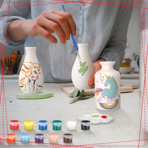 Singhoow 4 Set Mother's Day Paint Your Own Porcelain Paint Vase Art Project White Ceramic Painting Kit for Adults Porcelain Vase Decorating Kit Holiday Supplies DIY(Charming) - color: white