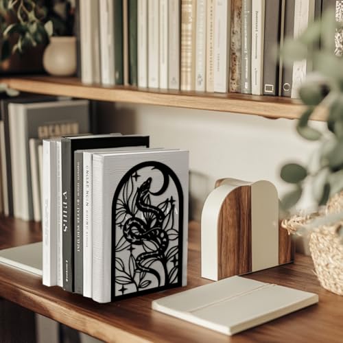 Peacoblue Metal Bookends for Shelves, Modern Decorative Heavy Duty Study Book Support Stoppers for Office, Desk, Shelf, Room 5.3"x4.3"x7.9" Cast Iron Simple Bookends, 1 Pair (Bohemia Snake and Flower) - style: Bohemia Snake and Flower