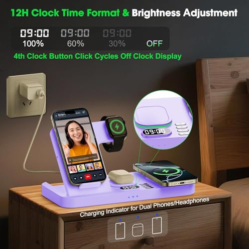 Dual Phone Wireless Charging Station for Apple Devices, Magnetic Charging Station for iPhone with Auto Switch 7-Color Light&Clock,Family Watch Charger for iPhone17 for iWatch11 for AirPods Pro3(Purple - color: Purple
