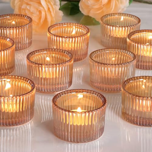 Lanttu Tealight Candle Holder Set of 12, Gold Small Votive Candle Holders for Table Centerpiece, Glass Tea Light Candles Holder for Party & Home, Wedding Decor (2'' Dia x 1.4'' H) - color: Gold