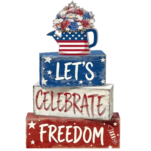 4th of July Table Decorations Patriotic Memorial Day Tiered Tray Decor Wooden Freedom Block Signs Independence Farmhouse 250th July Fouth Centerpiece for Tables Wooden Sign for Home Decor - style: Freedom