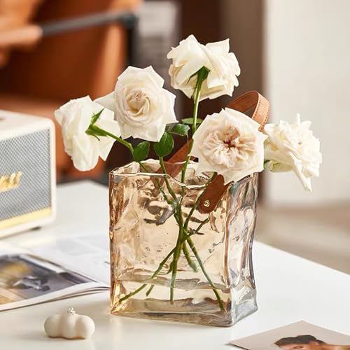 Handmade Leather - Handle Handbag - Style Glass Vase - Simple Elegance for Your Space(Amber) - color: Amber