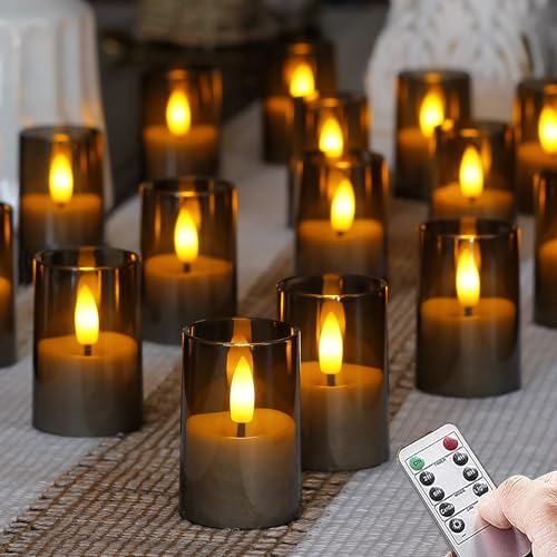 Flameless Small Tea Light LED Candles, Acrylic Battery Operated Votive 1.7" x2.5" with Remote Control and Timer, Tealight Grey Flickering Warm Light Pack of 15 Electric Long Lasting - color: Gray, size: 15 x 2.5"