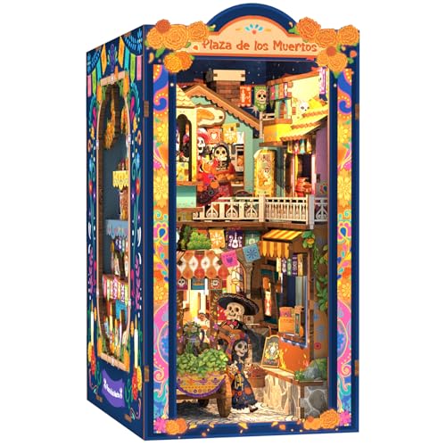 Fsolis Book Nook Kit Día De Muertos - 3D Wooden Puzzles for Adults DIY Miniature House Bookshelf Decor Decorative Bookends Gifts for Women Book Lovers (Plaza de Los Muertos) - style: Plaza de Los Muertos