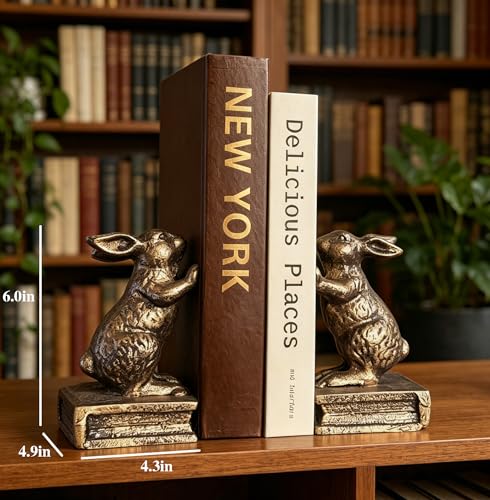 2 PCS Antique Gold Bunny Book Ends Rabbit Decorative Bookend Set Cast Iron Vintage Heavy Duty Book Ends for Shelves for Home(Face to Face Rabbit) - color: Face to Face Rabbit