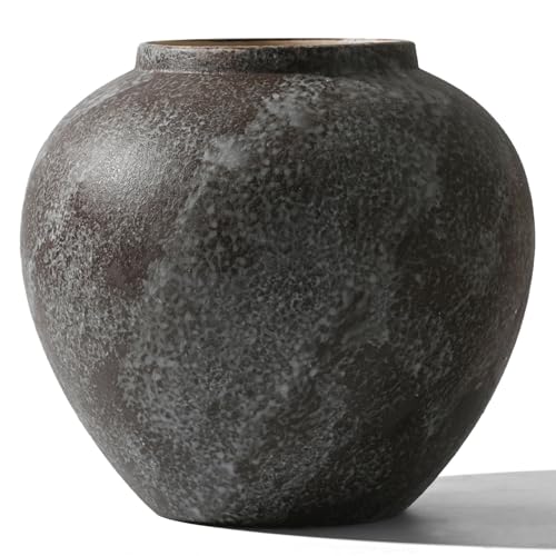 Large Rustic Black Stone Vase Home Decor - 8.8 in Ceramic Vintage Farmhouse Vases for Decor, Decorative Terracotta Round Clay vase for Living Room, Table, Shelf, Kichen Décor - style: 04 - Large Rustic Brush Black