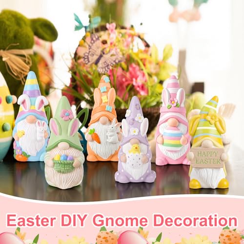 Arrowbash 6 Pcs Easter Ceramics to Draw Ready to Paint Your Own Gnome Statues 5.12 Easter Egg Rabbit Theme Paintable Figurines DIY White Ceramics Plaster Crafts Kit with Brush Palette - style: Easter