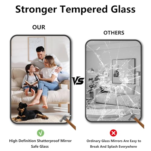 Koonmi Bathroom Mirror, 26X38 Brushed Black Rectangle Wall Mirror, HD Tempered Glass, Anti-Rust Frame Vanity Mirror, Rounded Rectangle Mirror for Restroom, Bedroom, Hangs Horizontal or Vertical - color: Rounded Edged, size: 38"L x 26"W