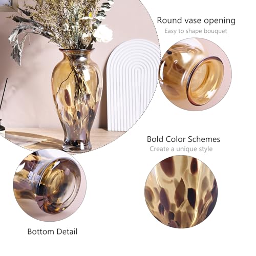 Hand Blown Glass Vase 11.8" Tall Beautiful Amber Gold Sea Wide Mouth Bud Vase for Table Centerpiece, Painted Colorful Murano Glass Flower Vases for - Home Entrance Wedding Center - color: Electrum