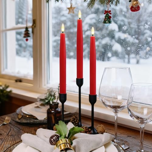 GenSwin Flameless Taper Candles, Set of 2 Red LED Taper Candles Battery Operated with Remote Timer, Real Wax Flameless Candlesticks with 3D Flame for Home Wedding Party Holiday Decor (0.78” x 9.65”) - color: 2-Red
