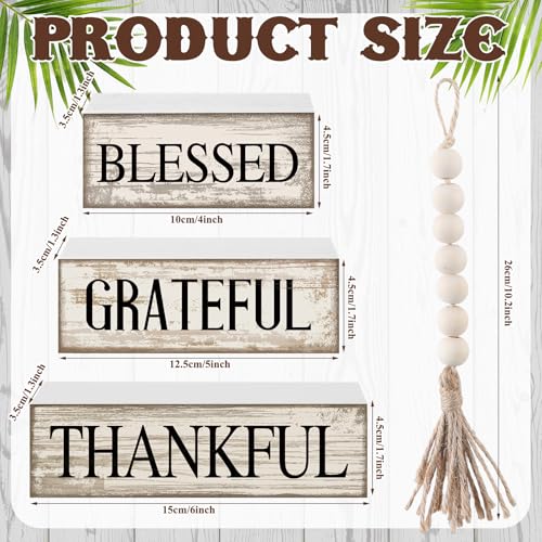 4 Pcs Farmhouse Wooden Tabletop Decor Neutral Farmhouse Tiered Tray Decor Rustic Retro Wood Bead Garland Blessed Grateful Thankful Block Sign Centerpiece for Coffee Home Office Shelf Mantle Table - style: Blessed