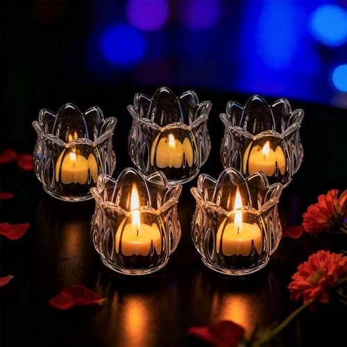 Elsjoy Set of 12 Tulip Glass Votive Candle Holders, Decorative Tea Light Candle Holders, Clear Glass Flower Tealight Candle Holder for Table Centerpieces, Wedding Decor