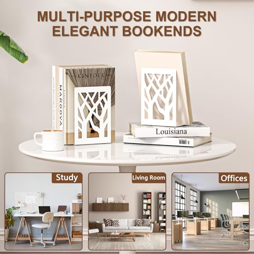 VFINE Withe Bookend 2-Piece, Tree Design Bookends for Shelves, Metal Book Ends for Desk, Decoration Stylish Bookshelf Bookends for Home Office School Supplies - style: White bookend 1 pair