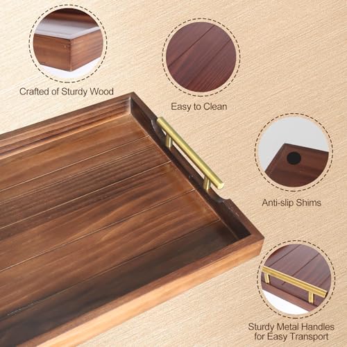 SXNOWS Ottoman Tray, Large Wooden Serving Tray with 2 Sets of Handles for Coffee Table, Rustic Living Room Kitchen Decor, 4 Round Coasters Included, Dark Brown - color: Rustic Brown