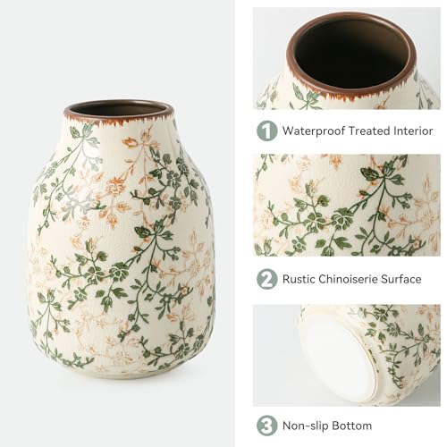 Green & Beige Vintage Chinoiserie Ceramic Vase 7.8”, Floral Rustic Decorative Vase for Living Room, Bookshelf, Office, Grandmillennial & Tuscan Decor - color: 10-green and Beige