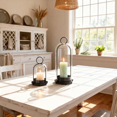 Hurricane Glass Candle Holders for Pillar Candles Set of 2 (5" & 4" Wide), Black Metal Candlestick Holders, Modern Decorative Centerpiece Lanterns for Table Mantel Wedding Housewarming Gift - color: Black
