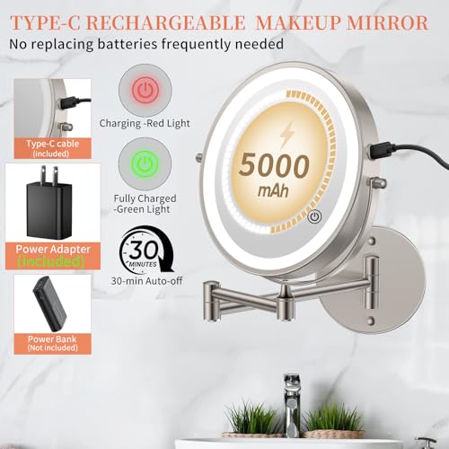 FUNTOUCH 5000mAh Rechargeable Wall Mounted Makeup Mirror with Lights, 9" Double Sided 1X/30X Magnifying Mirror with Dimmable 3 Color Light, Extended Swing Arm 360° Wall Mount Bathroom Mirror,Nickel - color: Nickel-30x