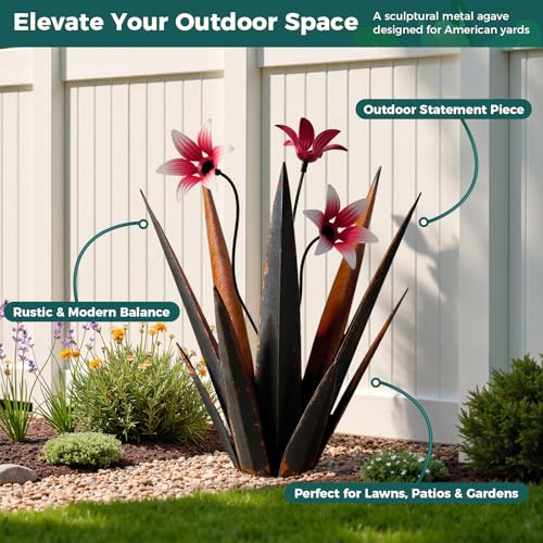 2 Pack Metal Agave Plant Sculptures, Outdoor Agave Plants, Tequila Rustic Sculpture, 16” Hand Painted Garden Decoration Yard Art Plant - color: Black 2pcs W/ Flower