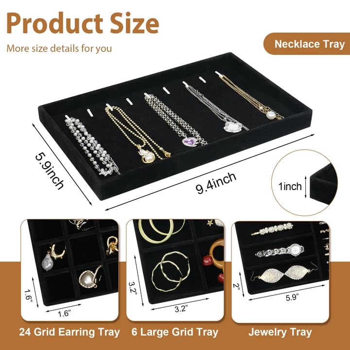 Cirhy 4 Stackable Jewelry Trays Organizer Set for Drawer, Jewelry Organizers and Display Case Storage, Velvet Drawer Inserts Organizer for Necklace Bracelets Earrings Organizer, Gift For Her, Black - color: black