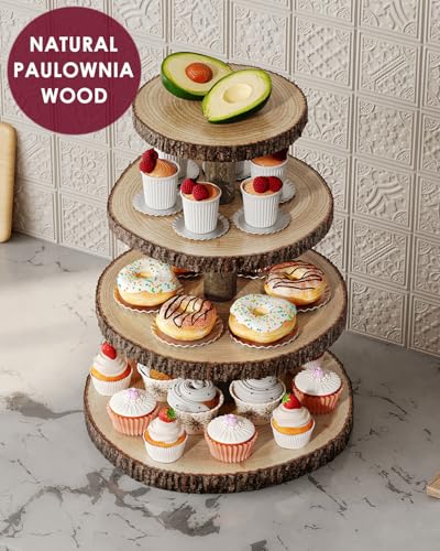 SANYOUNG Wood Cupcake Stand, 4 Tier Wooden Cupcake Tower, Large Rustic Cake Display Holder Stand for Woodland Baby Shower, Wedding, Birthday, Tea Party, Farmhouse Dessert Table Decorations
