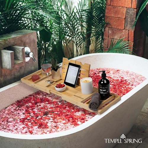 Temple Spring Foldable Bamboo Bathtub Tray Caddy for Tub — Expandable One-Piece Wood Bath Table with Wine Holder Book Stand and Non-Slip Pads — Space-Saving Bath Caddy — Housewarming - color: Foldable Wood Bamboo