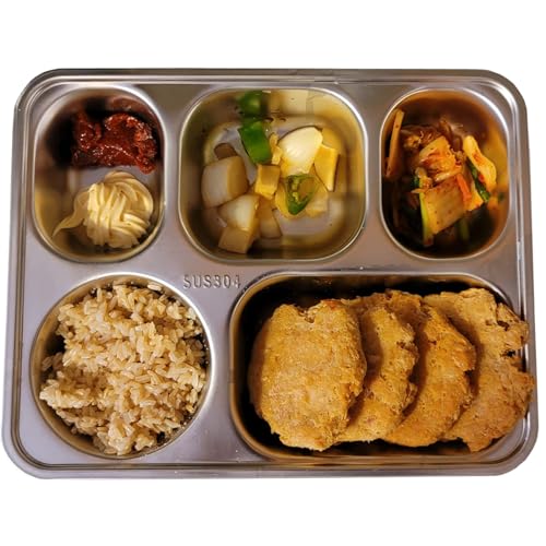 Set of 2 Stainless Steel Rectangular Divided Plates Tray 5 Sections Dinner Plates for Adults - Unbreakable Metal Plate for Campers, and Portion Control Reusable Plate - size: 5C (5 Sections)
