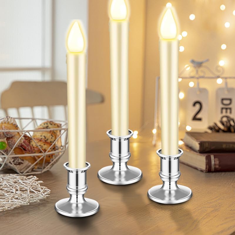 Waziaqoc 24Pcs Silver Taper Candle Holders, Plastic Candlestick Holders Only for Flameless LED Candle Decorative Pillar Candle Holder for Christmas Wedding Anniversary Dinner Party - color: Silver