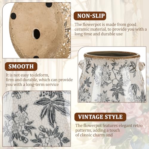 Ceramic Scroll Planter 6.5 Inch Chinoiserie Floral Vase with Drainage Holes Vintage Flower Vase Flower Pot Rustic Ceramic Pots for Indoor Plants Garden Home Bookshelf Decor(Retro Gray) - style: Retro Gray