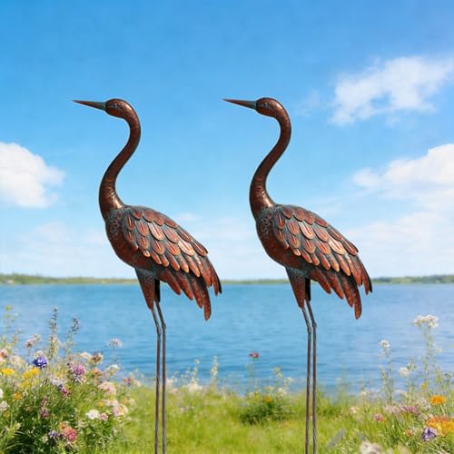 chisheen 2PCS Garden Crane Statues Outdoor Sculptures Metal Yard Art Statue for Garden Decoration Large Size Set of 2 - size: L-2PC