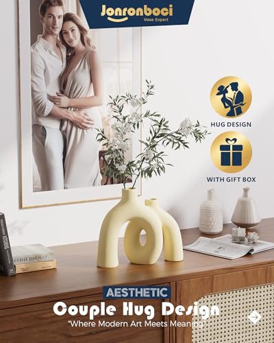 Hug Donut Decorative Vase Set - Beige Vase, Modern Nordic Boho Style Vases Home Decor, Matte Ceramic Decorations for Living Room Shelf, Bookshelf Mantle Entryway Table or Console Décor (Beige) - color: Beige