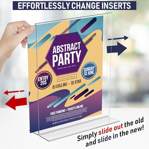 Acrylic Sign Holder 8.5 x 11 - Heavy Duty T-Shape Table Top Display Stand, Extra Wide 3-Inch Base, Double Sided Bottom Load, Crystal Clear Menu Holder: Restaurant, Office, Wedding, Trade Show (6 Pack)