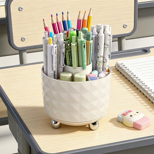 GOTOBA 360° Rotating Pencil Holder for Desk, Makeup Brush Holder with 6 Slots, Desk Organizer for Writing Utensil, Office and School Supplies (Milky White) - color: Milky White