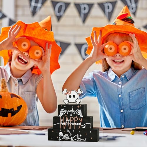Smile 4 Pcs Wooden Blocks Signs, Happy Halloween Indoor Decorations, Skull Farm Decor Spooky Rustic for Home Table Shelf and Kitchen - style: Skull