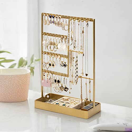Jewelry Organizer, 4-Tier Earring Holder Organizer with Metal Tray, Jewelry Holder Stand for Necklaces Stud Earrings Bracelets and Rings, Earring Organizer (Gold) - color: Gold