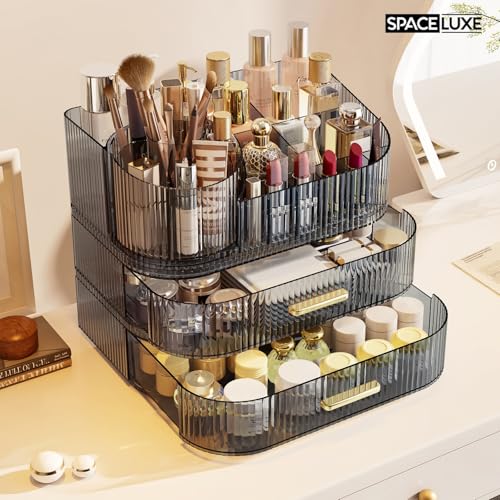 Makeup Organizer with Drawers and 360° Rotating Brush Holder, Large Capacity Cosmetic Storage for Vanity, Skincare, Perfume, Hair Accessories, Lipstick & Jewelry (Transparent Gray, 3-layer) - color: Transparent Gray, size: 3-layer