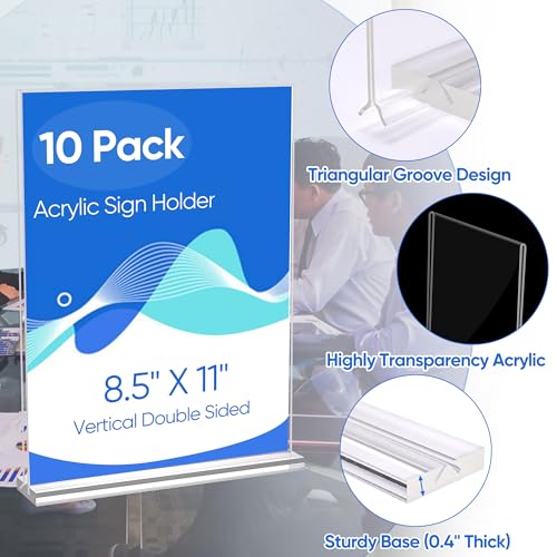 acrylic sign holder 8.5 x 11 Paper Stand 10 Pack Clear Double Side T Shape Acrylic Table Signs for Displaying, Flyer Holder Paper Card Holder for Office Business Store Mall Restaurants