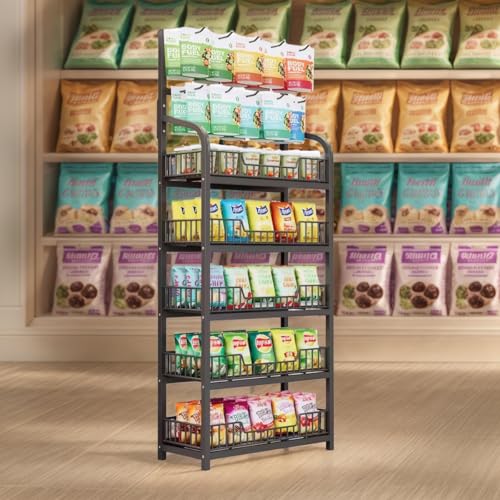 Retail Display Rack Stand, Snack Display Rack with Hooks, Metal Wire Storage Shelf, Snack Candy Display Organizer for Stores Kitchen Office(5-Tier 27.6x10.6x65.3 in)