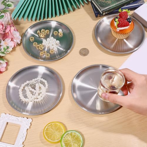 GLOBLELAND 4 Pack Silver Gray Decorative Iron Plate Candle Holder Stainless Steel Round Candles Tray Holders Set Decorative Pillar Candle Holder Dish for Table Centerpiece
