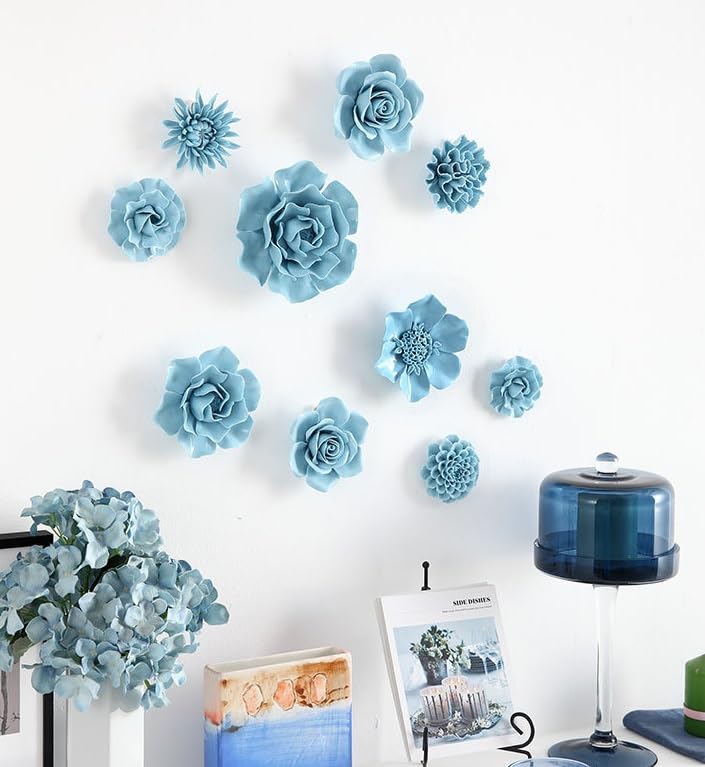 AMERRY 3.94" Ceramic Rose Wall Art, 3D Handmade Porcelain Hanging Sculpture for Home Office Decor (Blue) - color: Blue,Rose,3.94"