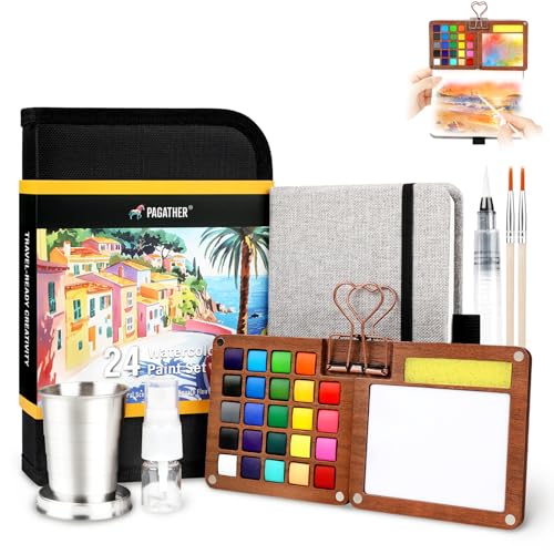Pagather 24 Colors Mini Watercolor Travel Set, Portable Watercolor Kit with Water Brush, Pocket Size Painting Set for Beginners, Hobbyists & Artists