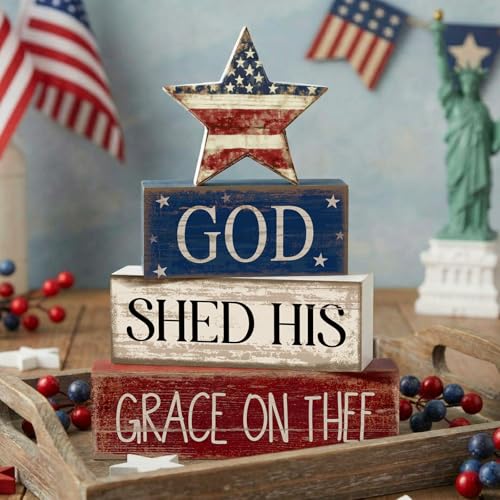 CroBlissful 4 Pcs 4th of July Decorations Patriotic Memorial Day Tabletop Decoration Red White Blue Table Centerpieces Sign for Office Tiered Tray Home Shelf 250th Anniversary(God Star) - style: God Star