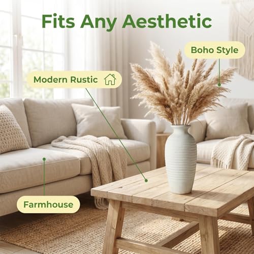 Ceramic Farmhouse Vase, 14.4 Inch Large Handmade Rustic Flower Vase, Waterproof Tall Vase for Pampas Grass & Home Decor, Ideal for Living Room, Shelf, Wedding & Housewarming Gift in Off-White