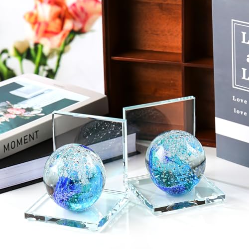 Arikyrist 1 Pair Crystal Bookends for Heavy Books with Hand Blown Ocean Waves Ball Glass Decorative Non Skid Bookends for Bookshelf Office Home (Dark Blue and Dark Green) - color: Dark Blue and Dark Green
