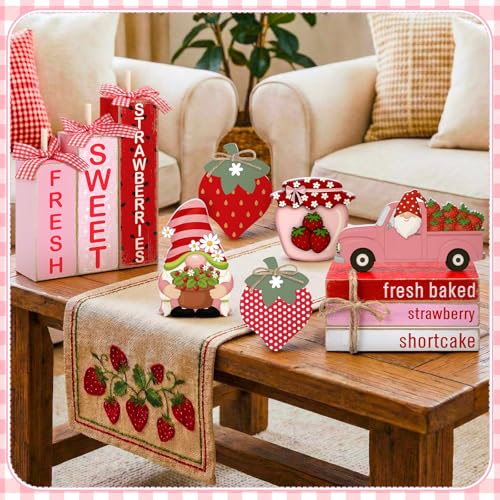 Vercraft 11 Pcs Strawberry Table Decorations Set Strawberry Tiered Tray Decor Spring Summer Wooden Top Farmhouse Rustic Wooden Coffee Table Centerpieces for Home Kitchen Office Decorations - style: Strawberry