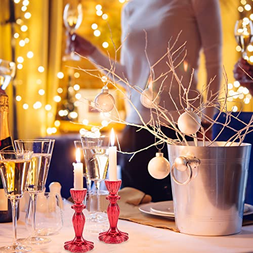 Glass Candle Holders, 2PCS Wide Base Candlestick Holder Decorative Candle Stand Table Centerpieces for Wedding Birthday Halloween Christmas Party, Red - color: Red