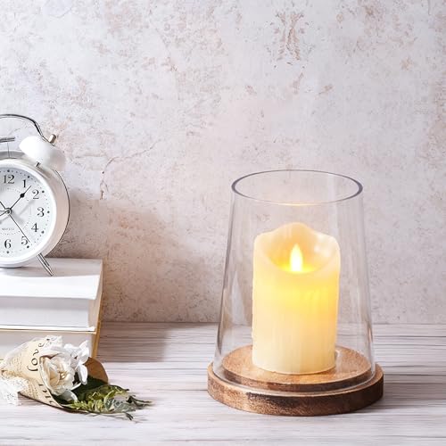 6" Wide Glass Hurricane Candle Holders with Handmade Sturdy Glass Sleeves and Vintage Natural Wood Base for Pillar Candle & Plants, Industrial, Farmhouse, Display Cloche Bell Jars, Table Centerpiece - color: Vintage Natural, size: 6"x7.5"