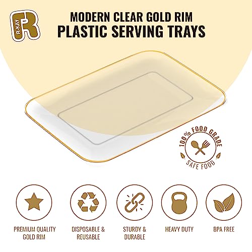 3 Pack Plastic Serving Trays for Party - Gold Serving Tray 8 x 11 Inch - Heavy Duty Dessert Trays for Food - Rectangular Party Serving Trays for Entertaining - Clear Cookie Platters - color: Clear and Gold Rim